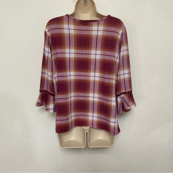Alison Andrew Red, Orange Plaid Soft Tie Front Long Sleeve Ruffle Top Size XL - Picture 2 of 3